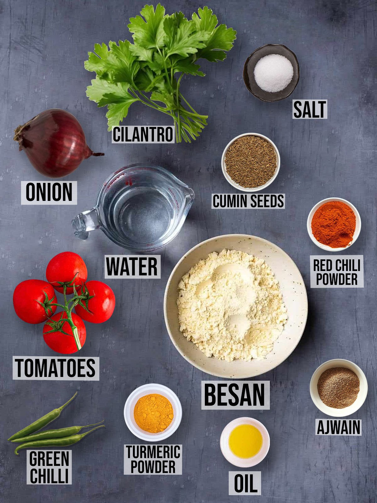 Ingredients kept in a bowl required for the recipe with their names